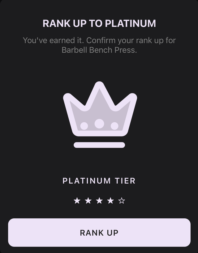 Rank-up card: confirm your Platinum tier rank for Barbell Bench Press