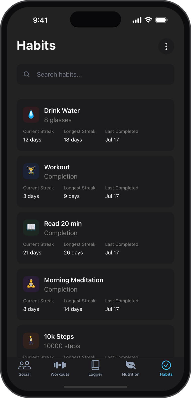 NexaLog Habits screen with current and longest streaks for water, workouts, reading and meditation