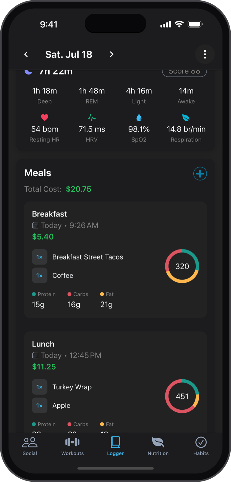 NexaLog daily log with a calorie ring, macro progress bars and logged meals