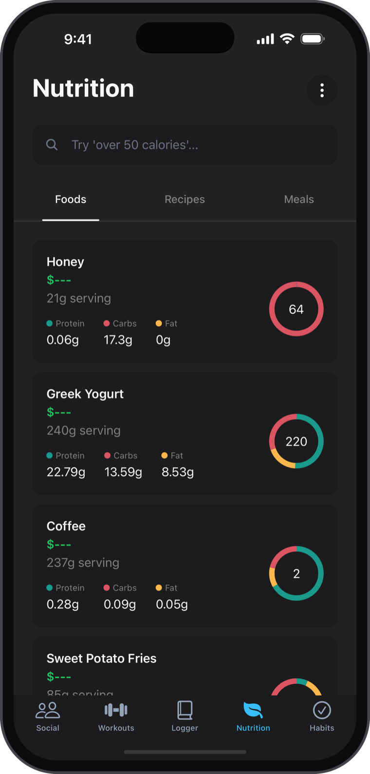NexaLog Nutrition screen with foods, per-serving macros and calorie rings