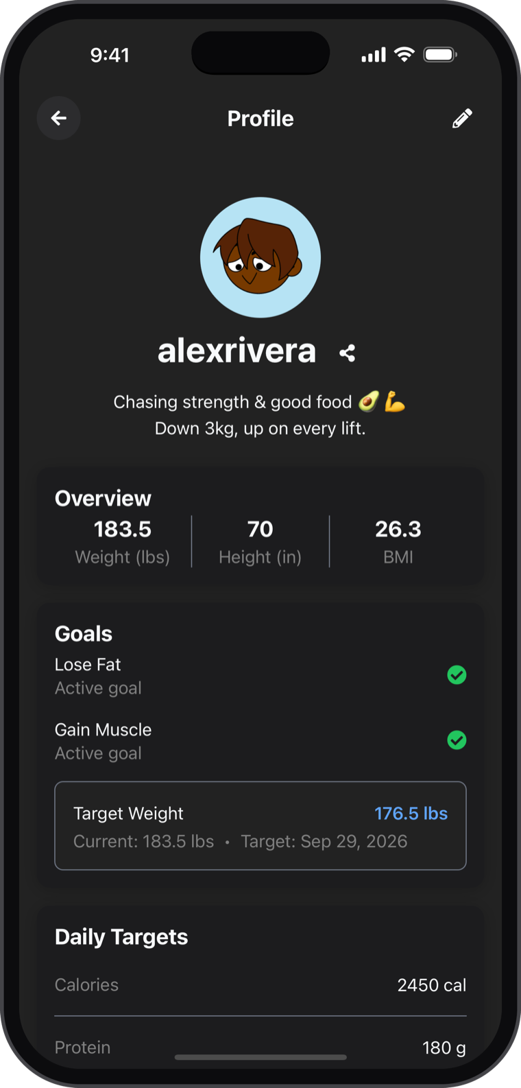 NexaLog profile with weight, BMI, active goals and target weight