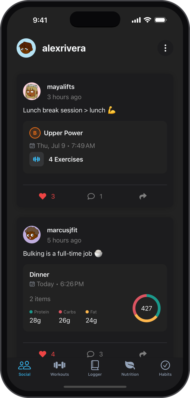 NexaLog social feed with friends' workout and meal posts, likes and comments