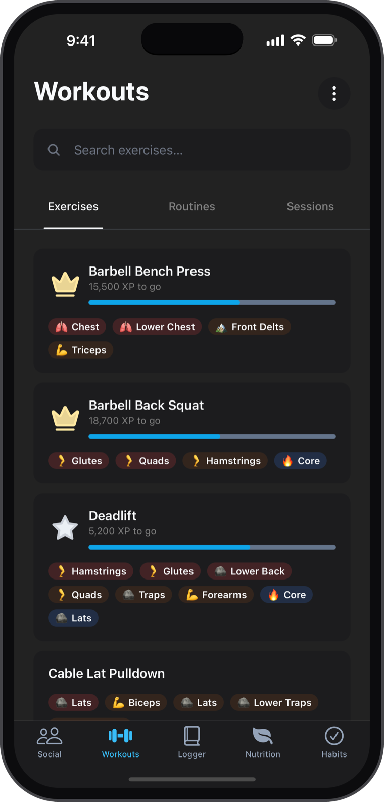 NexaLog Workouts screen with exercise ranks and XP progress for bench press, squat and deadlift